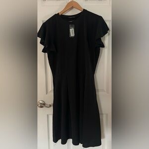 Short Ruffle Sleeve Black Dress with Crew Neck XL